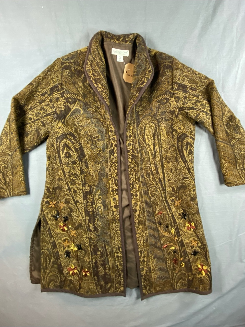 Col Women's Olive Paisley Embroidered Long Jacket